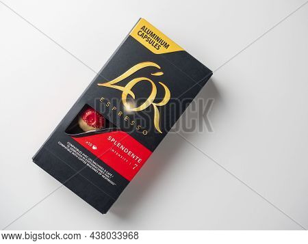 20.10.2021 , Moscow, Russia. Close-up Of Capsules With Ground Coffee L'or Espresso Splendente. Capsu