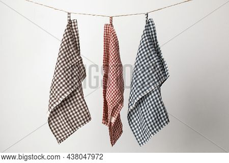 Organic Linen Kitchen Tea Towels Are Hung In A Row On A Rope. Natural, Soft, Airy And Stylish Kitche