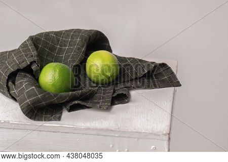 Organic Linen Kitchen Tea Towel In Dark Khaki With Limes On It.  Natural, Soft, Airy And Stylish Kit