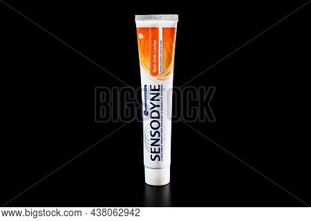 Sensodyne Toothpaste Tube On Black Background. Bucharest, Romania, 2021
