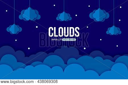 Cloud Paper Cut Blue Sky Flat Style. Cartoon Volumetric Splash Wallpaper Postcard. Night Dark Starry