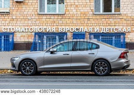 Moscow; Russia - October 15; 2021: Gray Volvo S60    Is Parked  On The Street On A Warm  Day Against