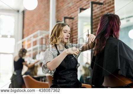 Hairstylist trimming hair of the customer in a beauty salon