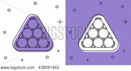 Set Billiard Balls In A Rack Triangle Icon Isolated On White And Purple Background. Vector