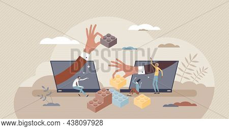 Virtual Teambuilding As Distant Partnership Training Game Tiny Person Concept. Colleague Interaction
