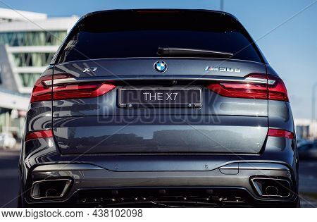 Minsk, Belarus, October 2021 - Exterior Of A Brand New Bmw X7 M50d Model. Rear View