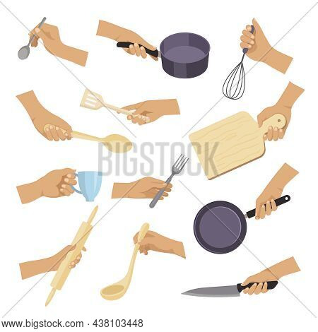 Kitchen Tools. Hands Holding Various Items For Preparing Products Cuisine Objects Plates Spoons Fork