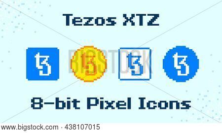 Tezos Pixel Art Icon Set. 8-bit Xtz Crypto Assets In Vector Format.