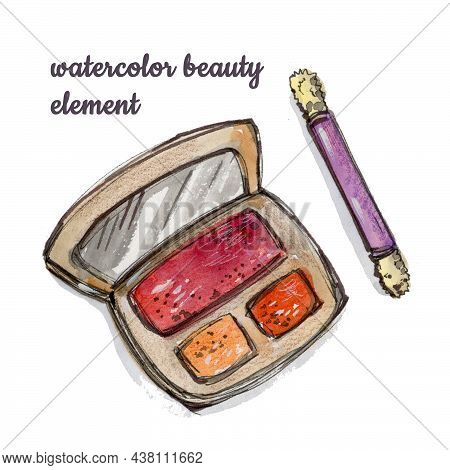 Watercolor Makeup Open Red, Orange And Brown Eyeshadows And Brush On White Background. Fashion Illus