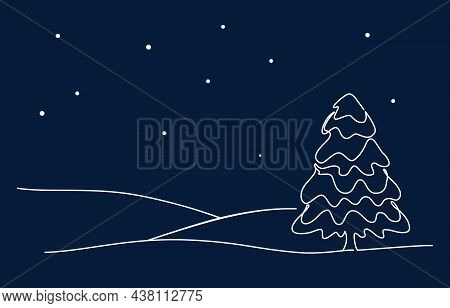 Night Winter Landscape With Fir Outline Vector Illustration. Snow Covered Spruce Among Hills. Templa