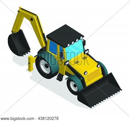 Isometric Construction Equipment Tractor With Front And Rear Bucket. Industrial Machinery And Equipm