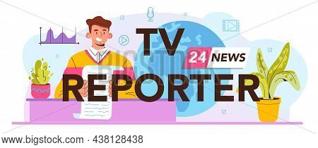 Tv Reporter Typographic Header. Television Host In A Studio