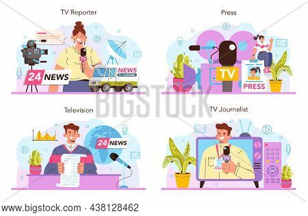 Tv Presenter Concept Set. Television Host In A Studio