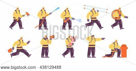 Fireman Characters. Firemen Work, Professional Fire Suit. Firefighter Saving Life, Man In Uniform Ne