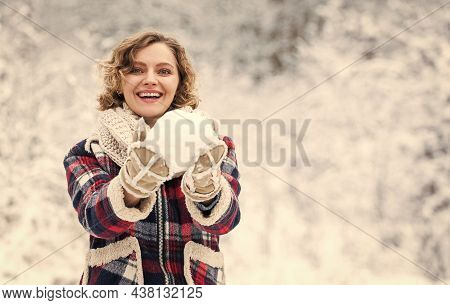 Lets Play Game. Happy Woman Enjoy Winter Landscape. Woman Warm Clothes In Snowy Forest. Trees Covere