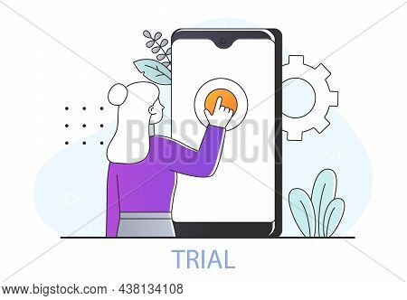User Testing Concept. Woman Stands In Front Of Smartphone And Checks Quality Of Application. Program