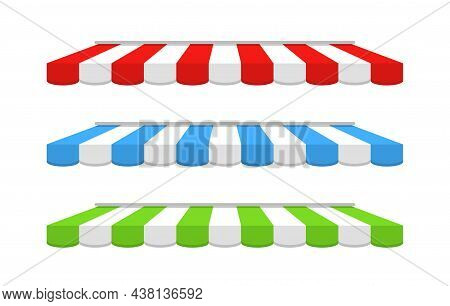 Tent Of Shop. Awning On Cafe. Roof Of Marketplace. Red, Blue, Green-white Stripe Canopy For Store Or