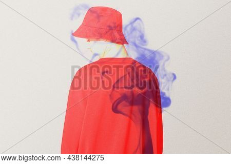 Man rear view in double color exposure remixed media