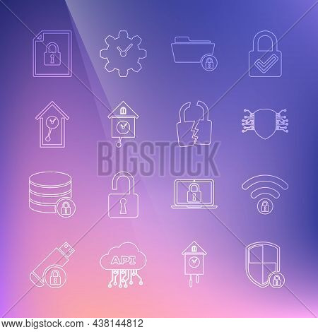 Set Line Shield Security With Lock, Wifi Locked, Cyber, Folder And, Retro Wall Watch, Document And B