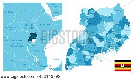 Uganda - Highly Detailed Blue Map. Vector Illustration