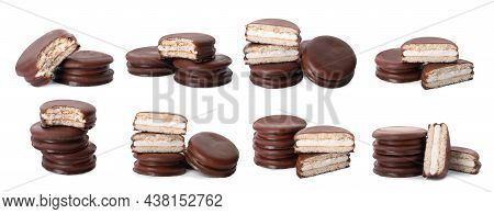 Set With Tasty Choco Pies On White Background. Banner Design
