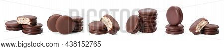 Set With Tasty Choco Pies On White Background. Banner Design