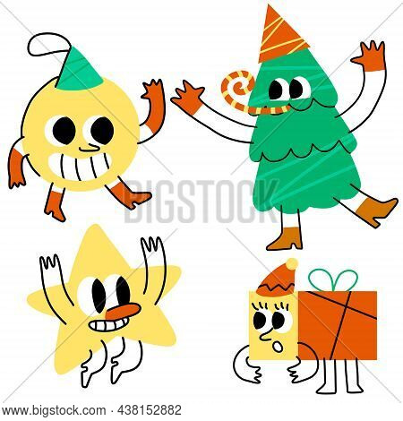 Set Of Christmas Characters. Christmas Tree With Face, Cheerful Gift, Cute Star With Hand And Garlan