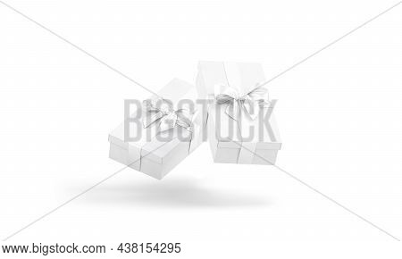 Blank White Long Gift Box With Ribbon Bow Mockup, Isolated, 3d Rendering. Empty Festive Carton Packg