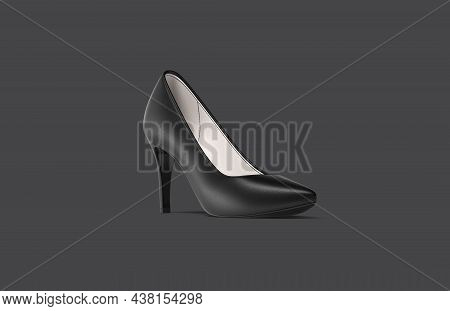 Blank Black High Heels Shoes Mockup, Dark Background, 3d Rendering. Empty Classic Low Shoe For Woman