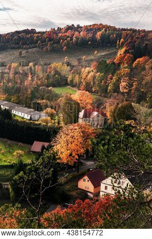 Zagorze Slaskie, Poland - October 27, 2021:
Autumnal Mountain Landscape Viewed From The Grodno Castl