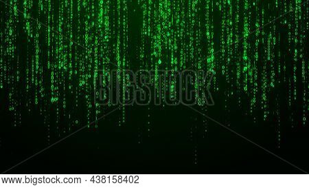Technology Binary Code. Random Falling Green Digits On Screen. Hacked Software. Matrix Sciense Backg