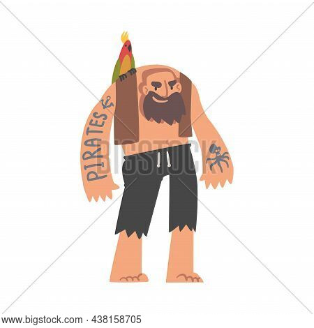 Bearded Brutal Man Pirate Or Buccaneer Character With Parrot On His Shoulder And Tattooed Arm As Mar