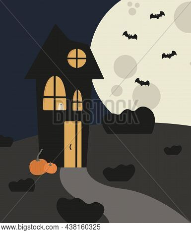 Dark House With A Ghost Against The Background Of The Moon And Bats