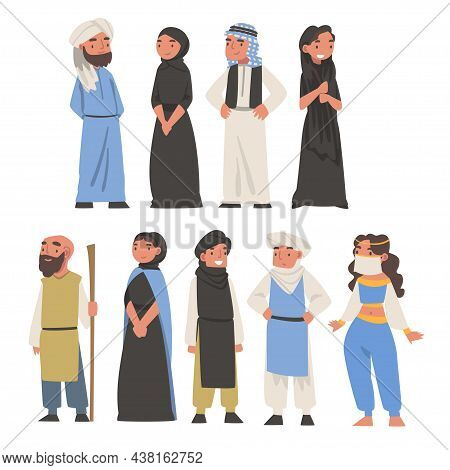 Arab People Character Standing In Traditional Muslim Dress And Long Flowing Garment Vector Set