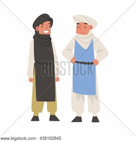 Arab Man Standing In Traditional Muslim Dress And Long Flowing Garment Vector Illustration