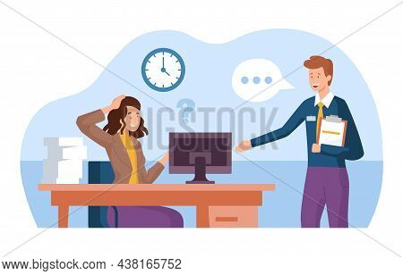 Internship Job Concept. First Months In New Position, Training. Experienced Employees Help New Colle