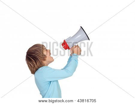 A 结束孤立传声筒的可爱孩子的画像白色背景