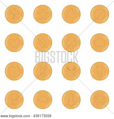 Set Of Candies Dalgona With Various Shapes. Ppopgi Pattern. Vector Flat Illustration