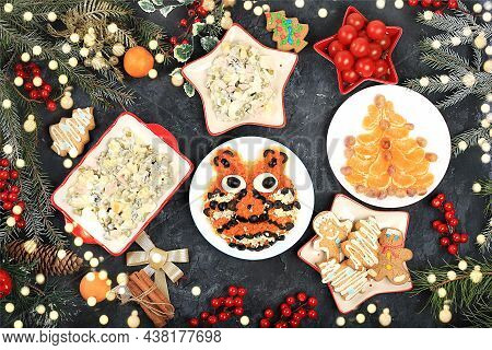 Christmas New Year Dishes, Traditional Festive Tiger Cub Salad, Symbol Of The Year, Olivier Salad, T