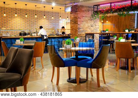 Vintage Blue Yellow Cafeteria, Canteen, Cafe Food Court At Shopping Mall. Beautiful Unusual Public D