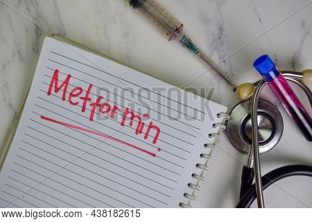 Metformin Write On A Book Isolated On Wooden Table.