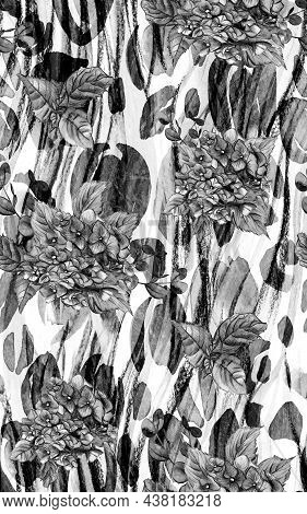 Black And White Seamless Botanical Pattern With Hydrangea Flowers Painted In Watercolor On An Animal