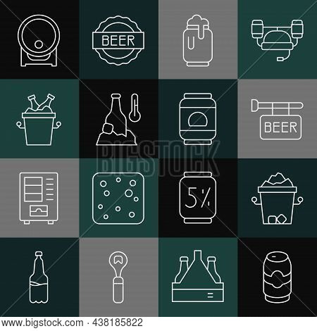 Set Line Beer Can, Ice Bucket, Street Signboard With, Foam, Cold Beer Bottle, Bottles In Ice, Wooden