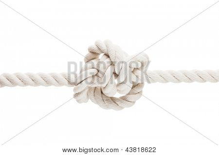 Twisted rope or string with tied knot white isolated