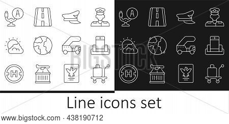 Set Line Trolley Baggage, Metal Detector In Airport, Pilot Hat, Worldwide, Sun And Cloud Weather, Ai