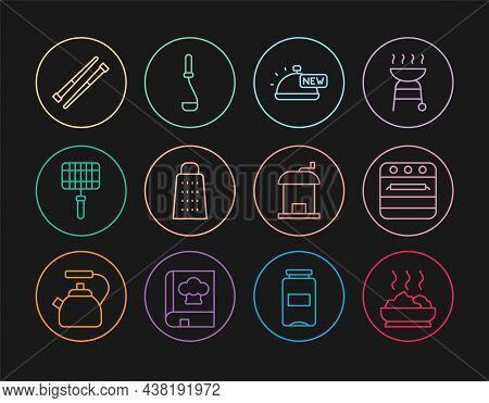 Set Line Bowl Of Hot Soup, Oven, Covered With Tray Food, Grater, Barbecue Steel Grid, Food Chopstick