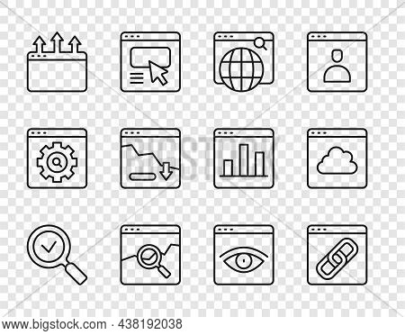Set Line Magnifying Glass With Check Mark, Browser Window, Search Engine, Website Stocks Market, Fin