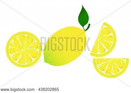 Cartoon Illustration With Colorful Lemon On White Background. Lemon Wedges, Whole Lemon. Vector Illu