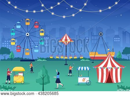 Summer Fair With Carnival, Circus, Funfair Or Amusement Park. Landscape Of Carousels, Roller Coaster
