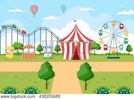 Summer Fair With Carnival, Circus, Funfair Or Amusement Park. Landscape Of Carousels, Roller Coaster
